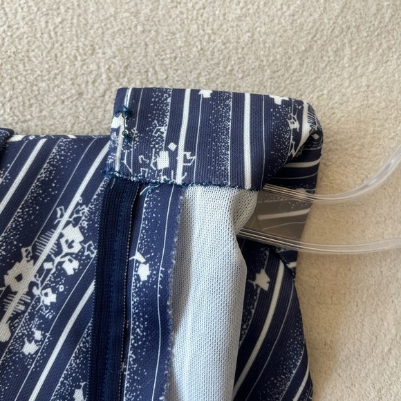 Vintage 70s Navy Floral Stripe A-Line Dress with Puff Sleeves - Picture 7 of 10